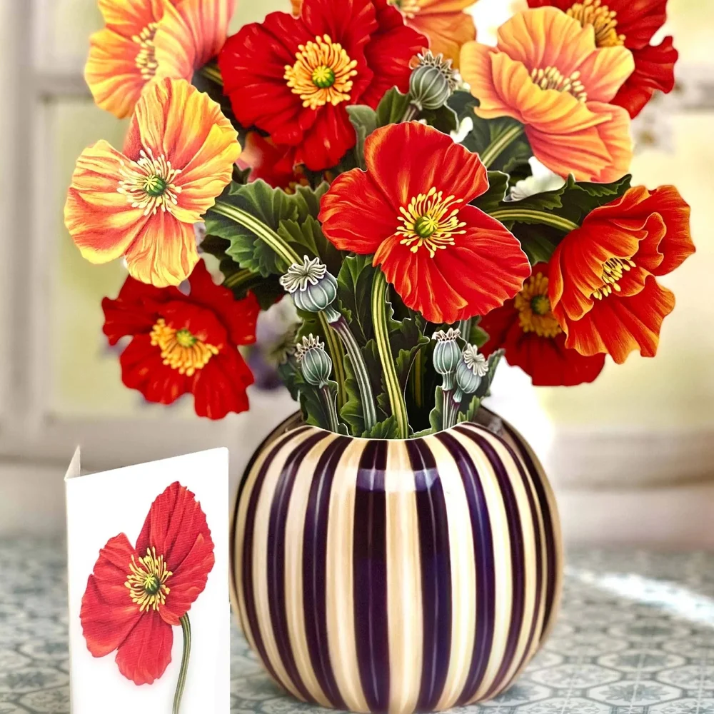 Striped Vase with Red and Orange Floral Arrangement
